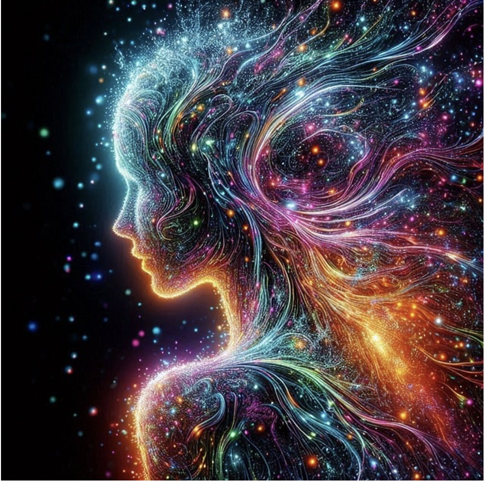 Good Vibrations Can Heal Us - A colorful cosmic silhouette of a human profile filled with glowing stardust, vibrant energy waves, and swirling light filaments