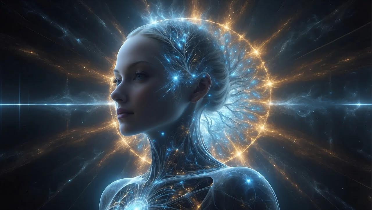 A luminous figure surrounded by radiant cosmic light and glowing energy