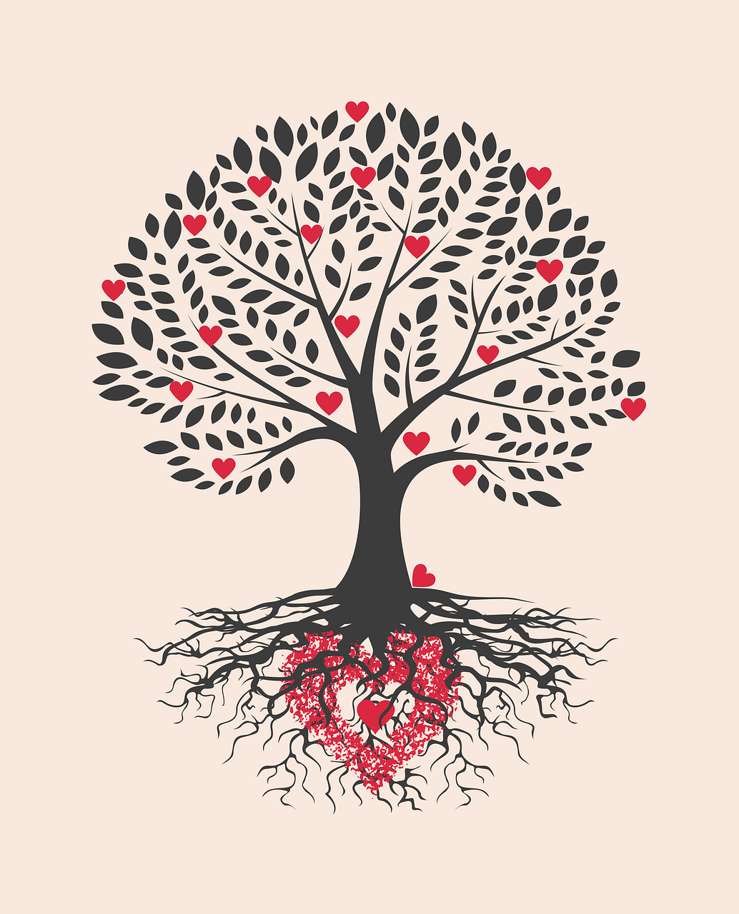 Tree with leaves and red hearts